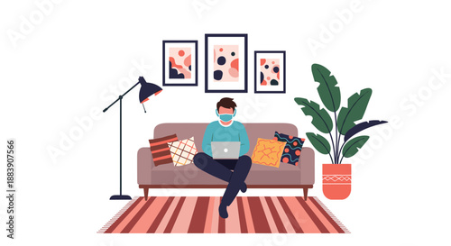 Man wearing headphones and working on a laptop while sitting comfortably in a large orange bean bag chair in a cozy living room.