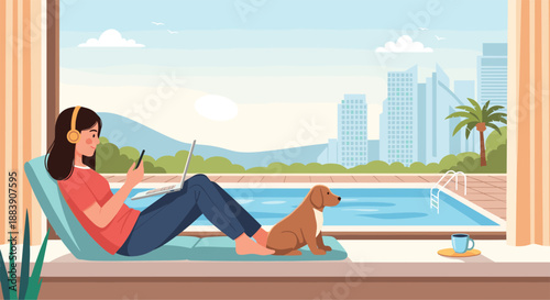 Curious white cat sitting and looking at a pink ball of yarn on a plain white background in a simple and clean illustration.