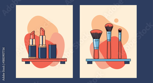 Two aesthetic beauty posters showcasing various types of colorful lipsticks and a comprehensive set of professional makeup brushes.