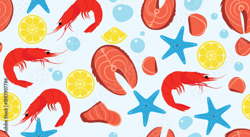 Seamless pattern of delicious seafood including salmon steaks and red shrimp mixed with yellow lemon slices and starfish.