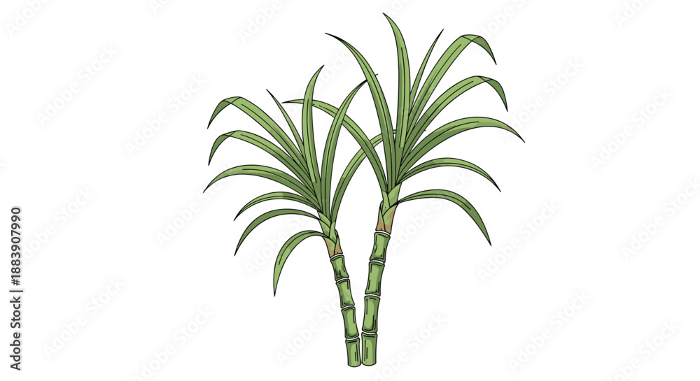 Obraz premium Simple botanical illustration of two green sugarcane stalks with long pointed leaves on a clean white background.