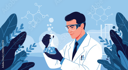 Professional scientist in a lab coat and safety goggles examining a chemical solution in a flask within a laboratory setting.