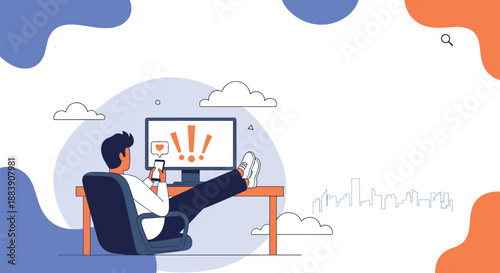 Man sitting at his desk using a smartphone while looking at a computer screen with warning exclamation points.