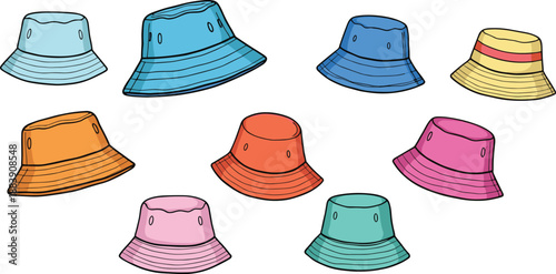 Hand drawn bucket hat vector illustration set with colorful summer headwear designs in trendy casual fashion style