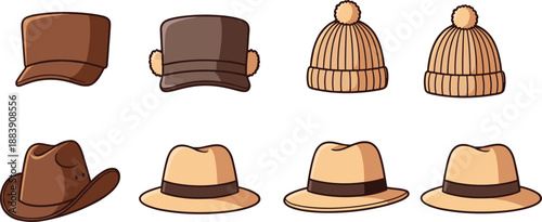 Fashion hats vector illustration set with fedora, cowboy, beanie, and casual headwear styles in clean cartoon design