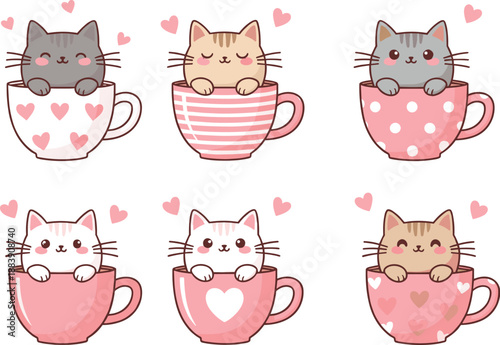 Cute cats in heart mugs vector illustration set with cozy cups, love theme, and adorable kawaii cartoon kittens