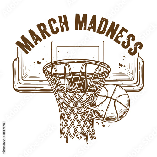 Drawing Vintage grunge  texture March Madness basketball hoop and ball illustration  sports graphic design element