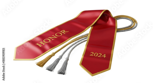 Red and gold honor stole featuring embossed graduation year 2024 text and matching braided honor cords with tassels for academic achievement recognition