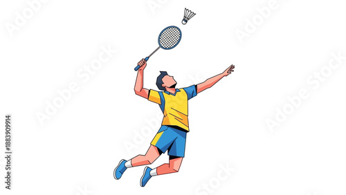 Man playing badminton with racket.