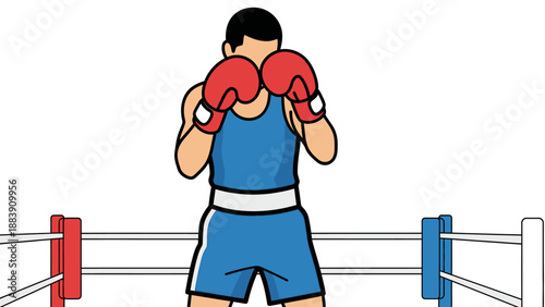 Man in blue boxing gear standing in ring.