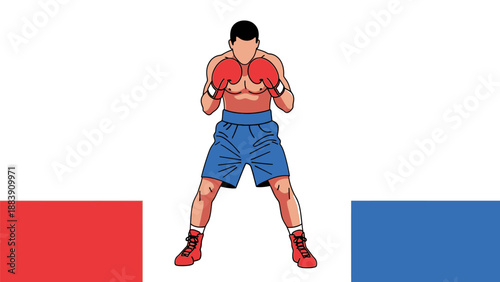 Boxer in fighting stance between flags.