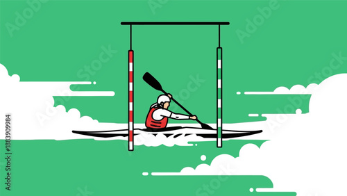 Illustration of a person kayaking through a slalom course on a river.