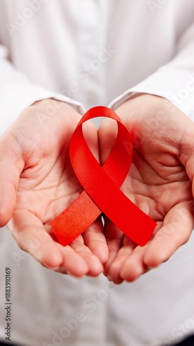 Close up view of woman hands holding red ribbon for hiv prevention and world aids day awareness campaign isolated on white shirt background