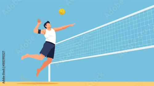 Man playing beach volleyball in action.