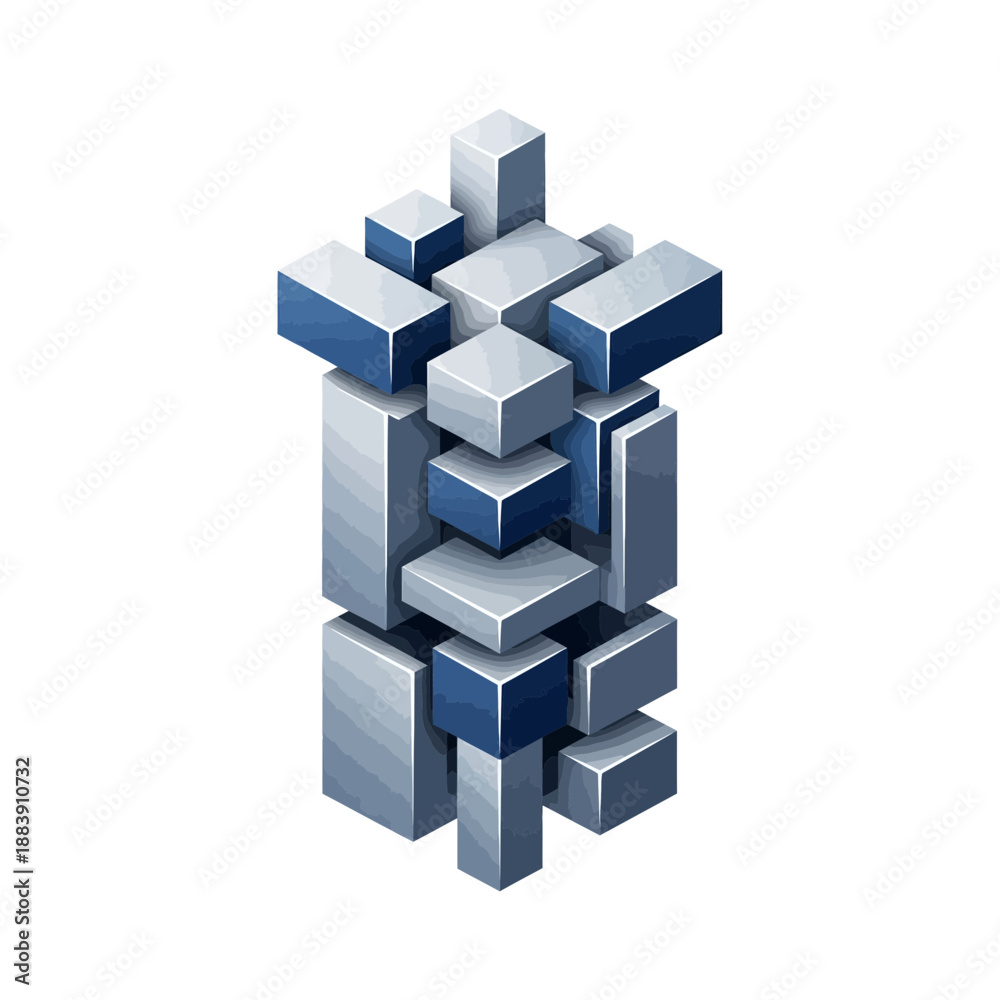 Fototapeta premium Modern Abstract Geometric Composition of Stacked 3D Cubes and Rectangular Prisms on White Background