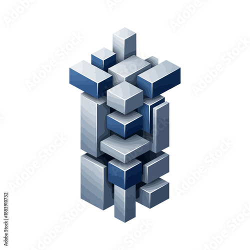 Modern Abstract Geometric Composition of Stacked 3D Cubes and Rectangular Prisms on White Background