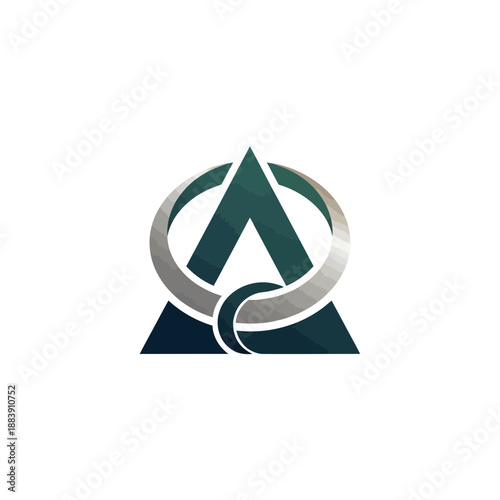 Modern Abstract Logo Design with Green Triangle and Interlocking Metallic Rings