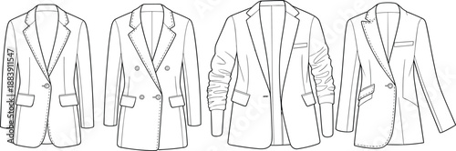 Blazer Jacket Technical Vector Flats Collection, Single and Double-Breasted Blazer CAD Templates, Apparel Mockup Set for Business and Formal Garment Design.