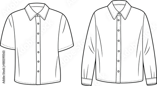 Classic Button-Down Shirt Technical Vector Flats, Short and Long Sleeve CAD Templates, Apparel Mockup for Business and Casual Garment Design Specs.