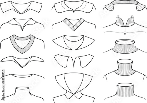 Extensive Neckline and Collar Styles Technical Vector Set, Apparel CAD Template for Garment Construction Details, Design Elements for Fashion Flats, Sewing Notions.