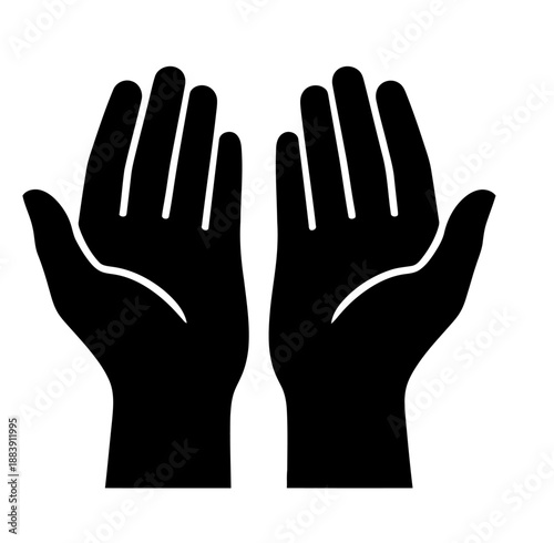 Minimalist black silhouette of praying hands in Islamic style. Simple vector icon of open palms for prayer, Ramadan, and spiritual themes.