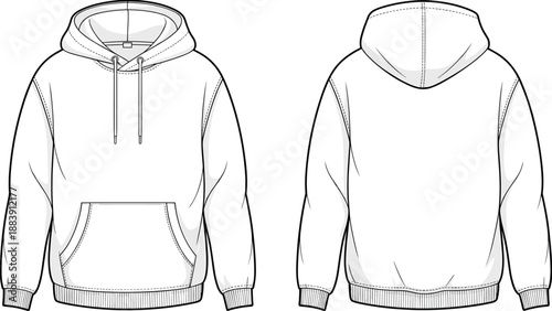Hoodie flat sketch CAD drawing, front and back view, vector illustration, unisex pullover hoodie design template, fashion technical sketch, clothing mockup for apparel design.