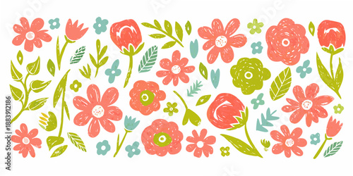 A charming floral pattern with red teal and green hand drawn style blossoms