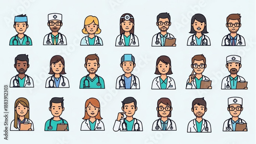 Diverse group of medical professionals in cartoon style.