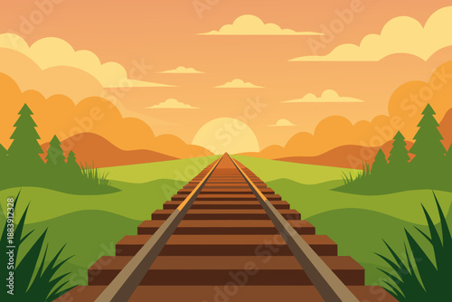 Minimal Railway Tracks Vector Illustration Sunset Landscape