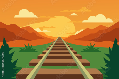 Minimal Railway Tracks Vector Illustration Sunset Landscape