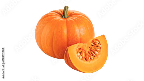 Photos Pumpkin cut into slices showing bright orange flesh and seeds isolated on transp