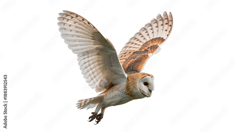 Fototapeta premium Barn owl flying in the sky with wings spread isolated on transparent background cut out