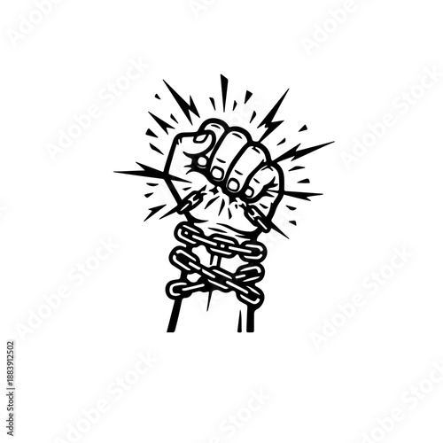 Two hands holding each other firmly while breaking shared chains. Black and white vector illustration representing unity, collective freedom, and teamwork