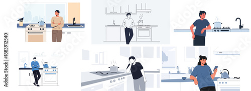 Man Waiting in Kitchen with Boiling Kettle