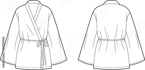 Kimono wrap cardigan top fashion flat, front and back view apparel cad template, belted waist outerwear technical drawing, minimal vector for sewing production sheet