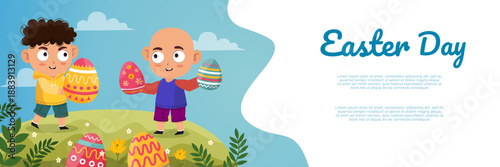 children playing egg hunt game in green park for easter day celebration