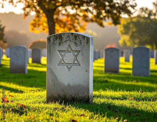 A sunlit Jewish tombstone with a Star of David stands in a graveyard. Other headstones dot the grassy landscape, with autumn hues in the background