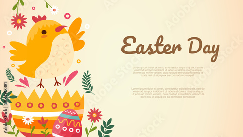 cute yellow bird character sitting in decorated egg for easter day banner