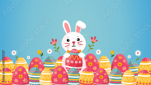 cute white bunny standing in colorful garden for happy easter day banner