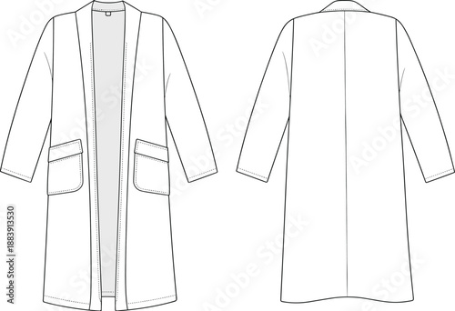 Long sleeve open front coat flat fashion technical sketch with patch pockets and collar, clothing design 