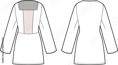 Long sleeve mini dress front and back technical flat, square neckline bodice panel detail, sewing pattern template for apparel fashion tech pack cad drawing