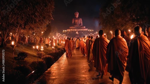 Nighttime Vesak Celebrations with Buddha Statue, Candlelit Procession, and Traditional Rituals During Buddha Purnima Festival