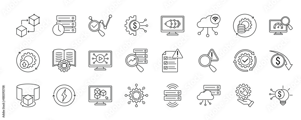 Fototapeta premium Digital twins icon set flat style collection. Containing virtual model, real time data, predictive analytics, asset management, system simulation, iot integration and more.