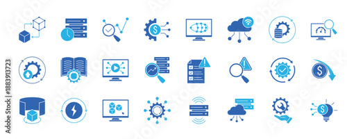 Digital twins icon set flat style collection. Containing virtual model, real time data, predictive analytics, asset management, system simulation, iot integration and more.
