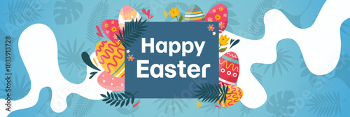 happy easter greeting banner with abstract blue shapes and colorful painted eggs
