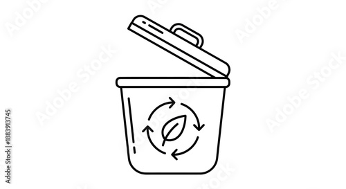 Simple line illustration of a recycling bin with a lid and a leaf symbol