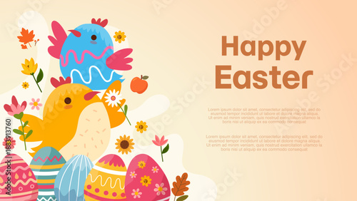 big yellow chicken and blue bird with decorated eggs for easter day
