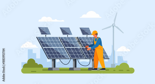 Engineer inspecting solar panels on a wind farm with a cityscape in the background