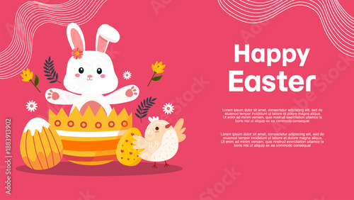 pink easter card with bunny popping out of egg and small chick