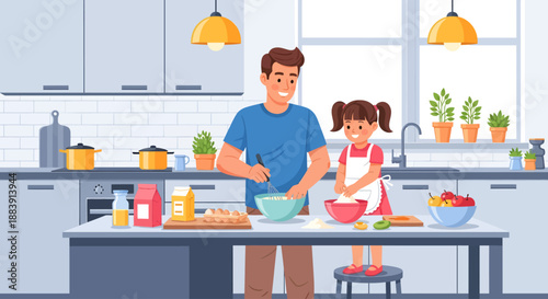 Father and daughter cooking together in a modern kitchen with various ingredients and utensils on the countertop viewed from the side.